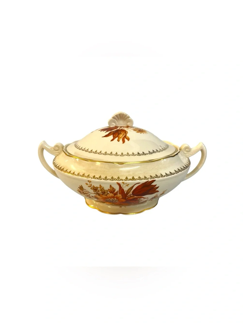VTG Crooksville China Co Soup Tureen Covered Casserole Dish Ivory Gold Floral